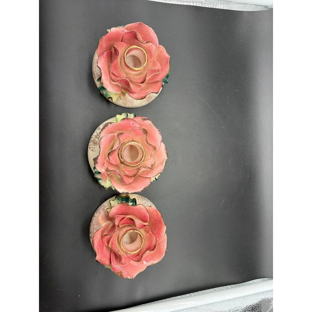 Vintage Commodore Japan Pink Rose Porcelain Candle Holders Set‎ of 3